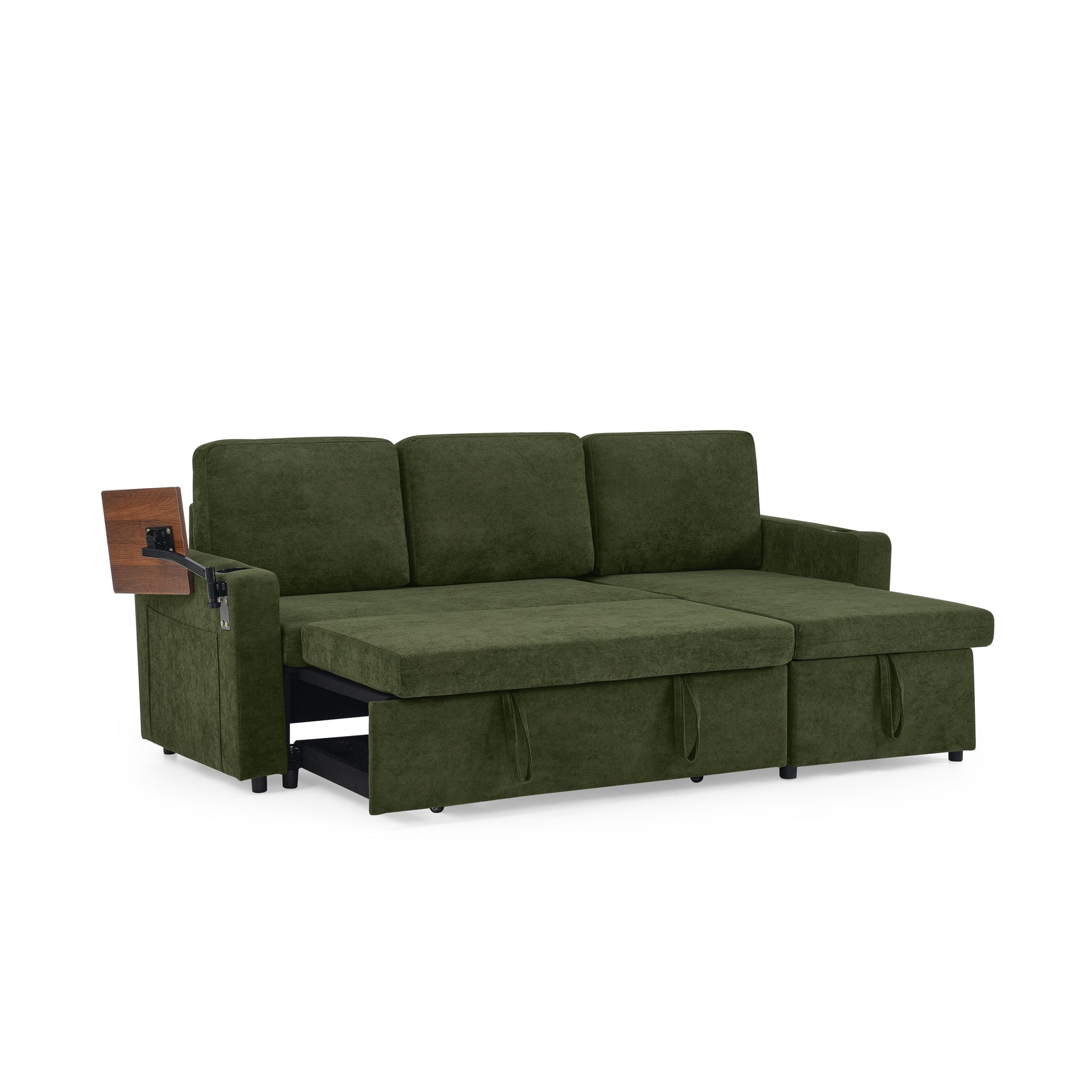 Modern Chenille Multi-functional Pull-Out Bed Sofa with Retractable Table and LED Lighting, USB Charging Ports and Cup Holders, Green