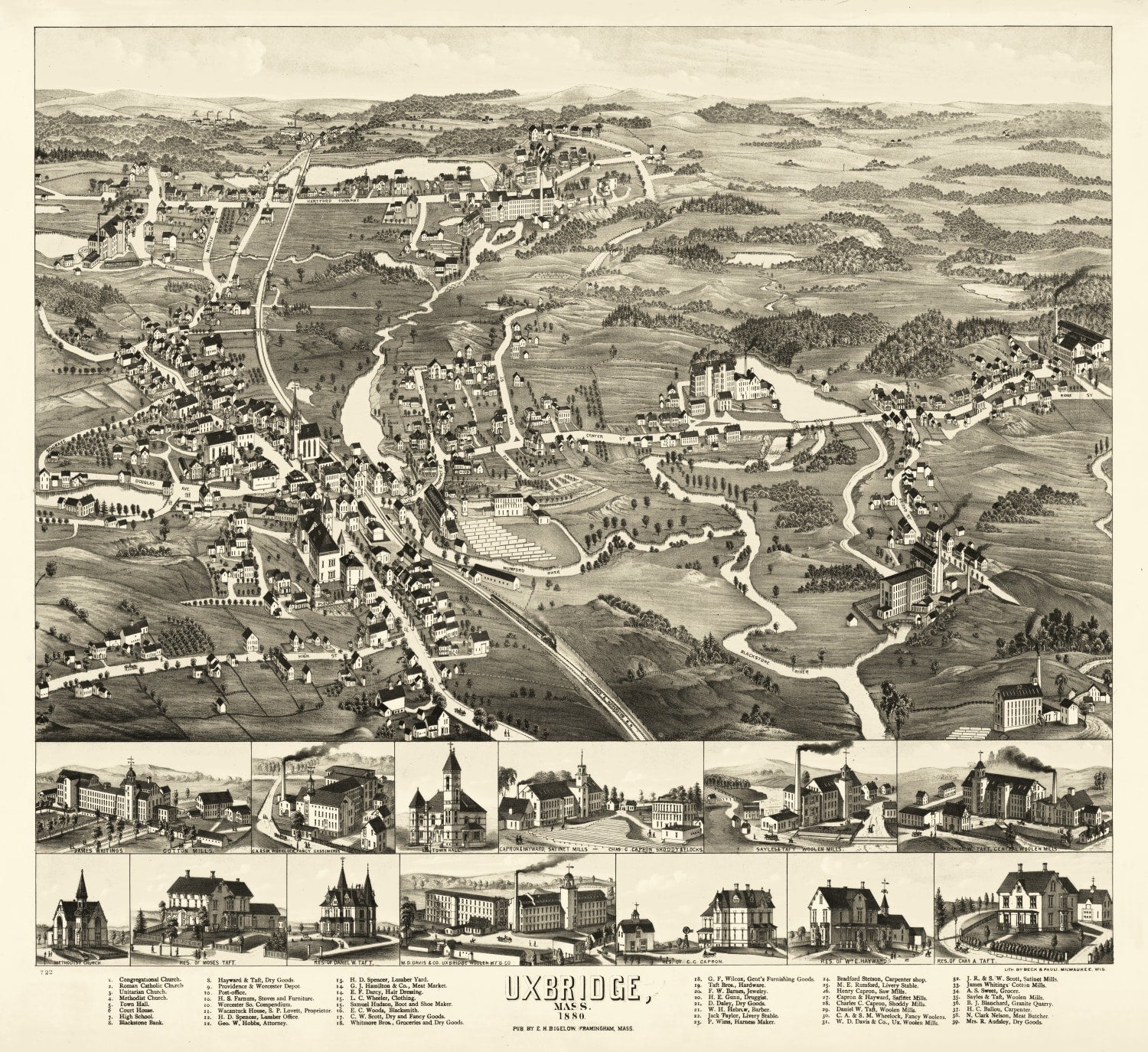 Vintage Map of Uxbridge, Massachusetts 1880