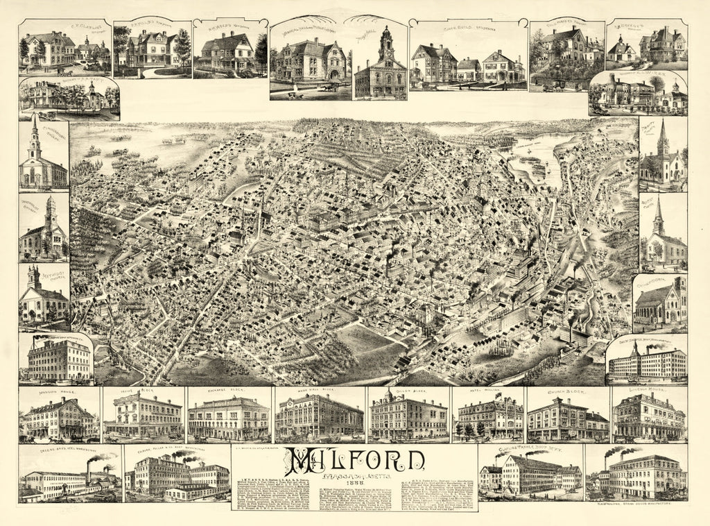 Vintage Map of Milford, Massachusetts 1888