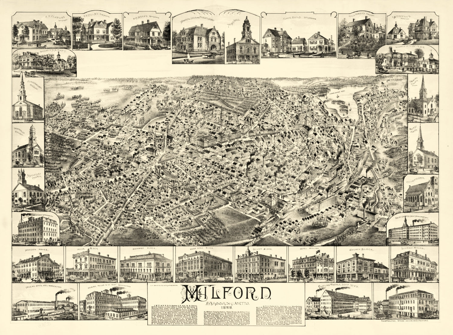 Vintage Map of Milford, Massachusetts 1888