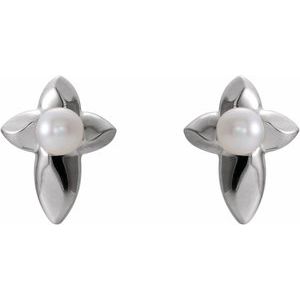 Platinum Cultured White Freshwater Pearl Cross Earrings