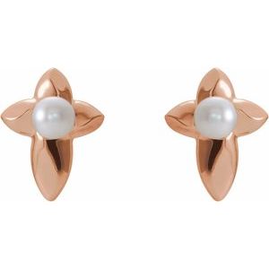 14K Rose Gold Cultured White Freshwater Pearl Cross Earrings
