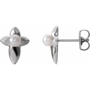Sterling Silver Cultured White Freshwater Pearl Cross Earrings