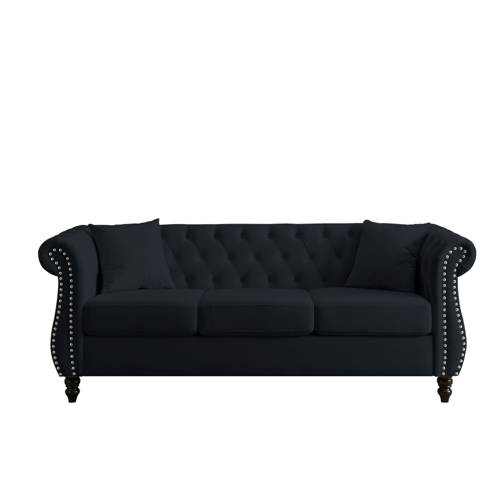 [Video] 80' Chesterfield Sofa Black Velvet for Living Room, 3 Seater Sofa Tufted Couch with Rolled Arms and Nailhead for Living Room, Bedroom, Office, Apartment, two pillows