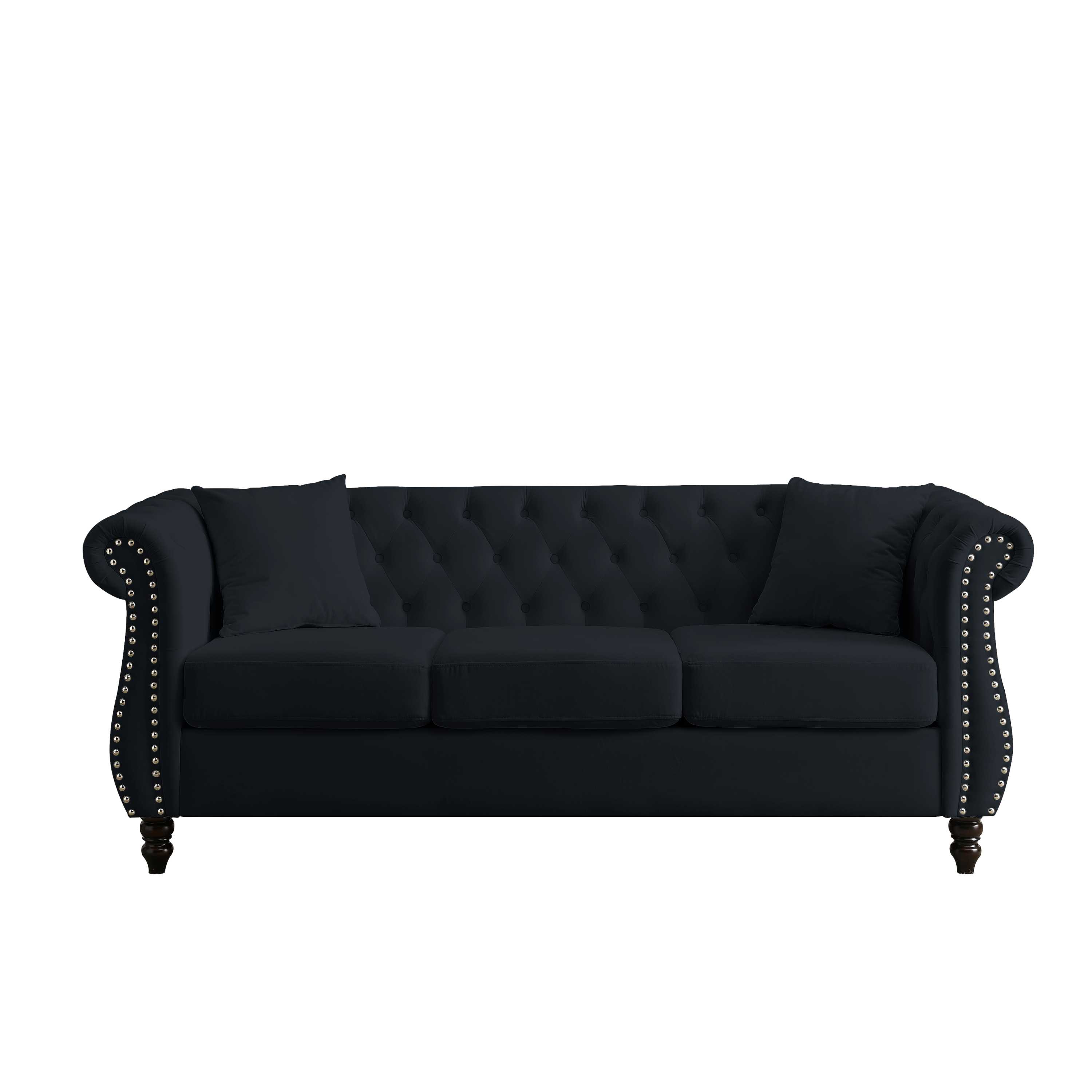 [Video] 80' Chesterfield Sofa Black Velvet for Living Room, 3 Seater Sofa Tufted Couch with Rolled Arms and Nailhead for Living Room, Bedroom, Office, Apartment, two pillows