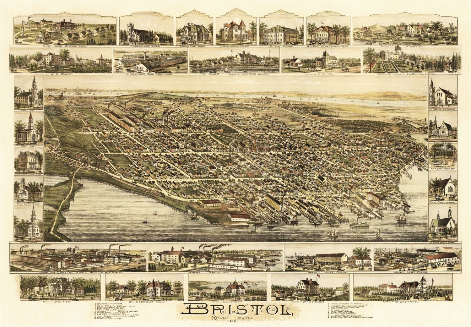Vintage Map of Bristol, Rhode Island 1891