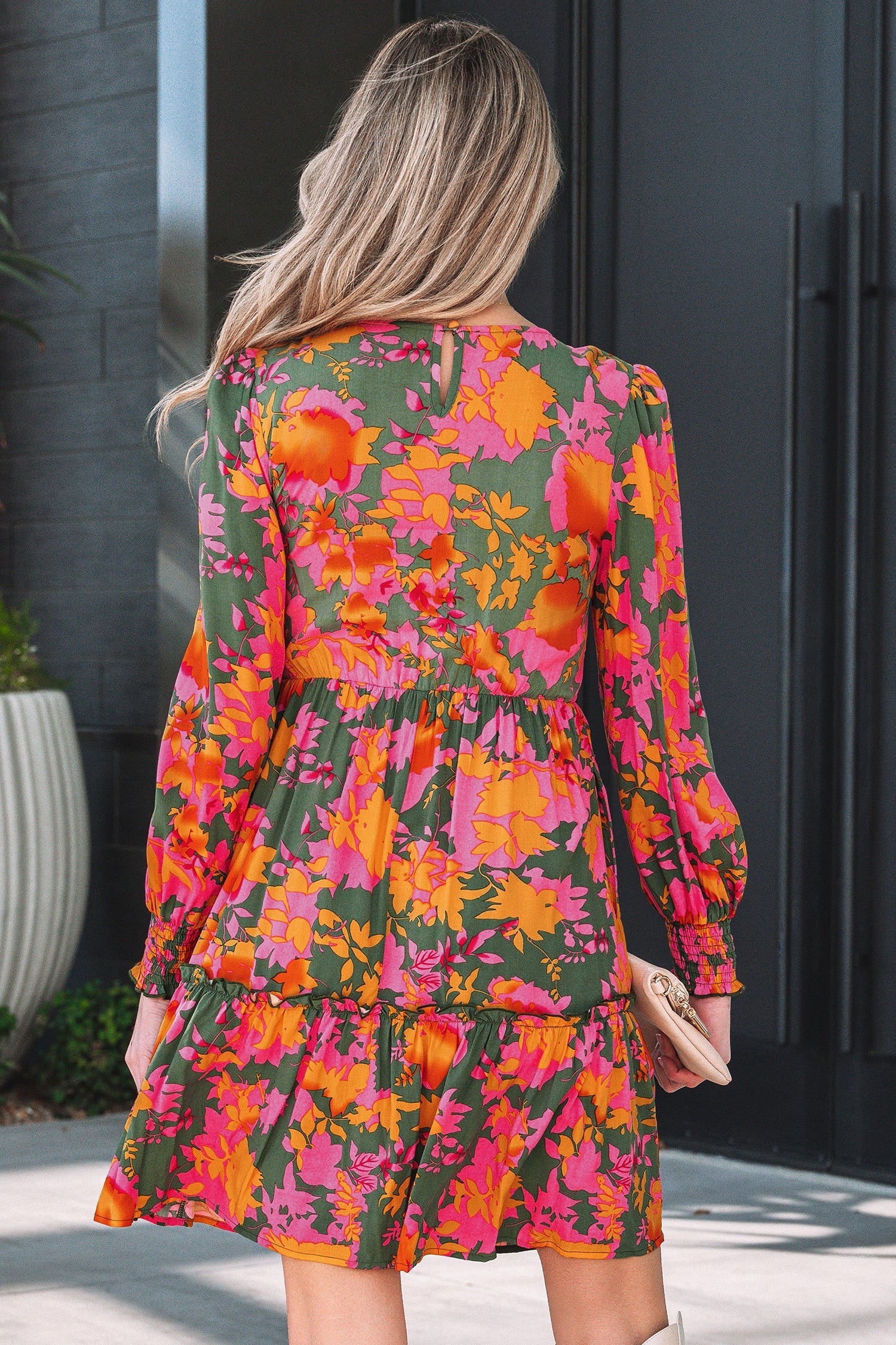 Floral Smocked Ruffle Hem Long Sleeve Mini Dress