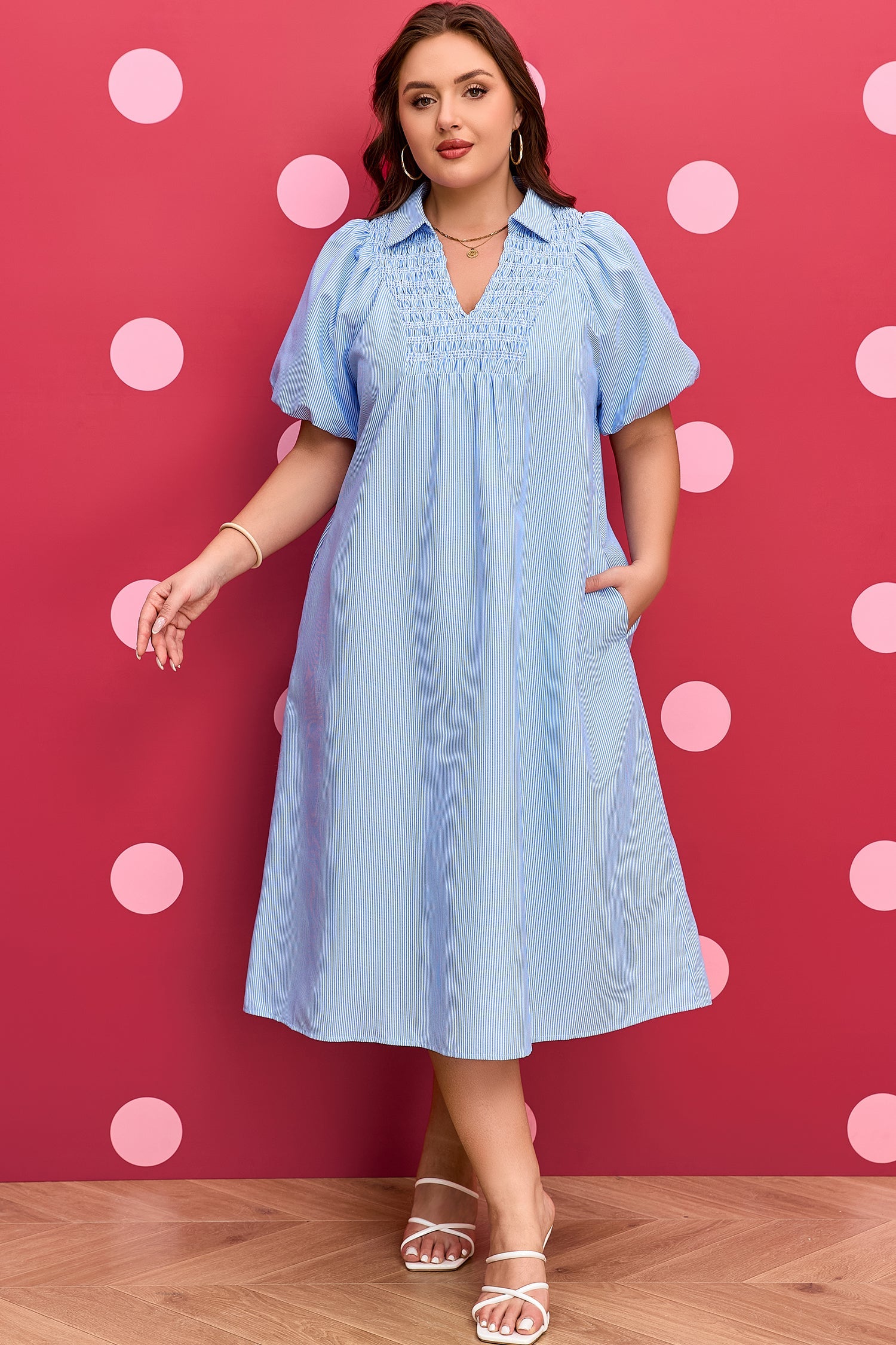 Plus Size Stripe Shirred Collared V-Neck Midi Dress