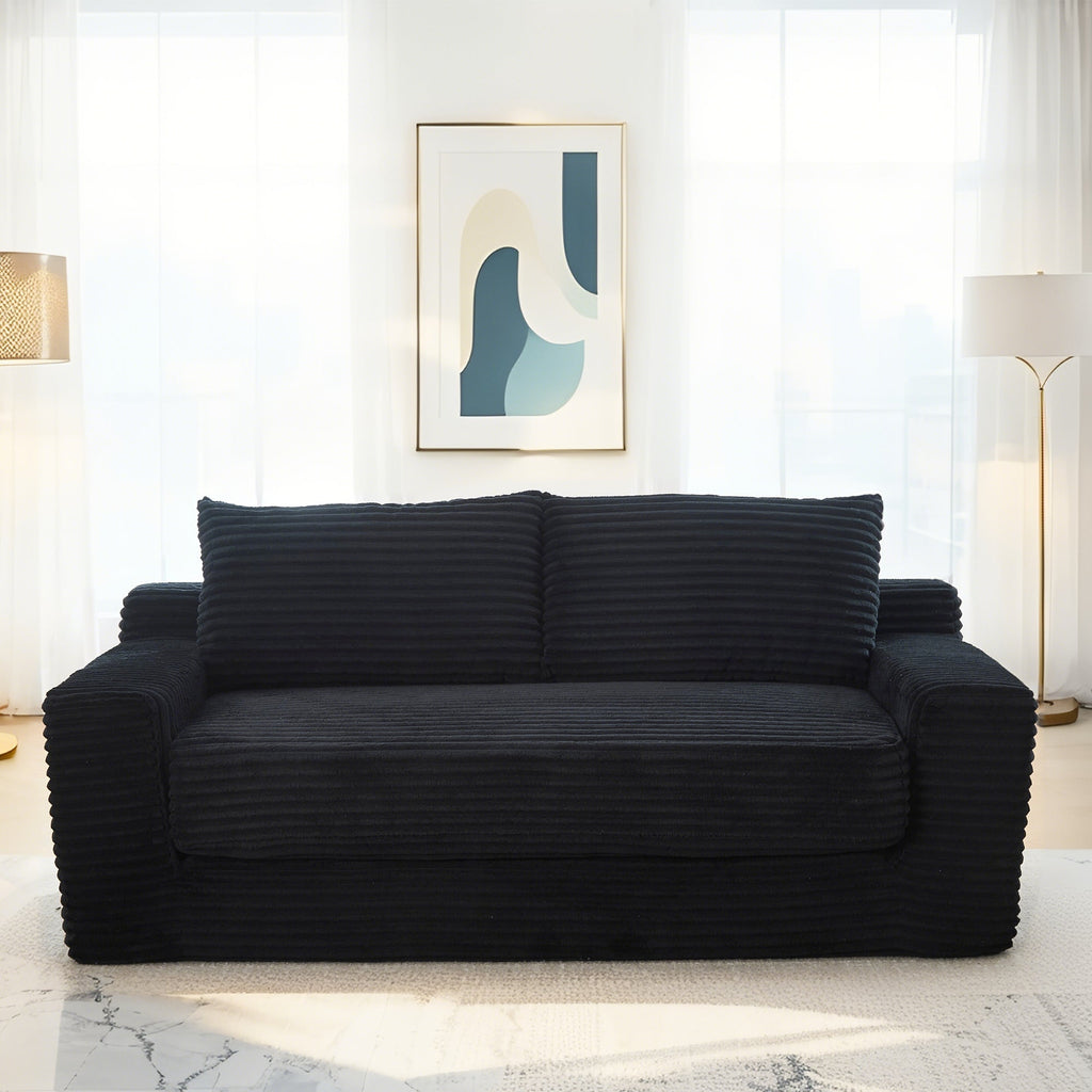 Loveseat Sofa  with Memory Foam & Steel Frame - No Assembly, Convertible 2-in-1 Design, Corduroy Fabric - Compact Couch for Small Spaces, Apartments, Home Office & Bedroom (Black)