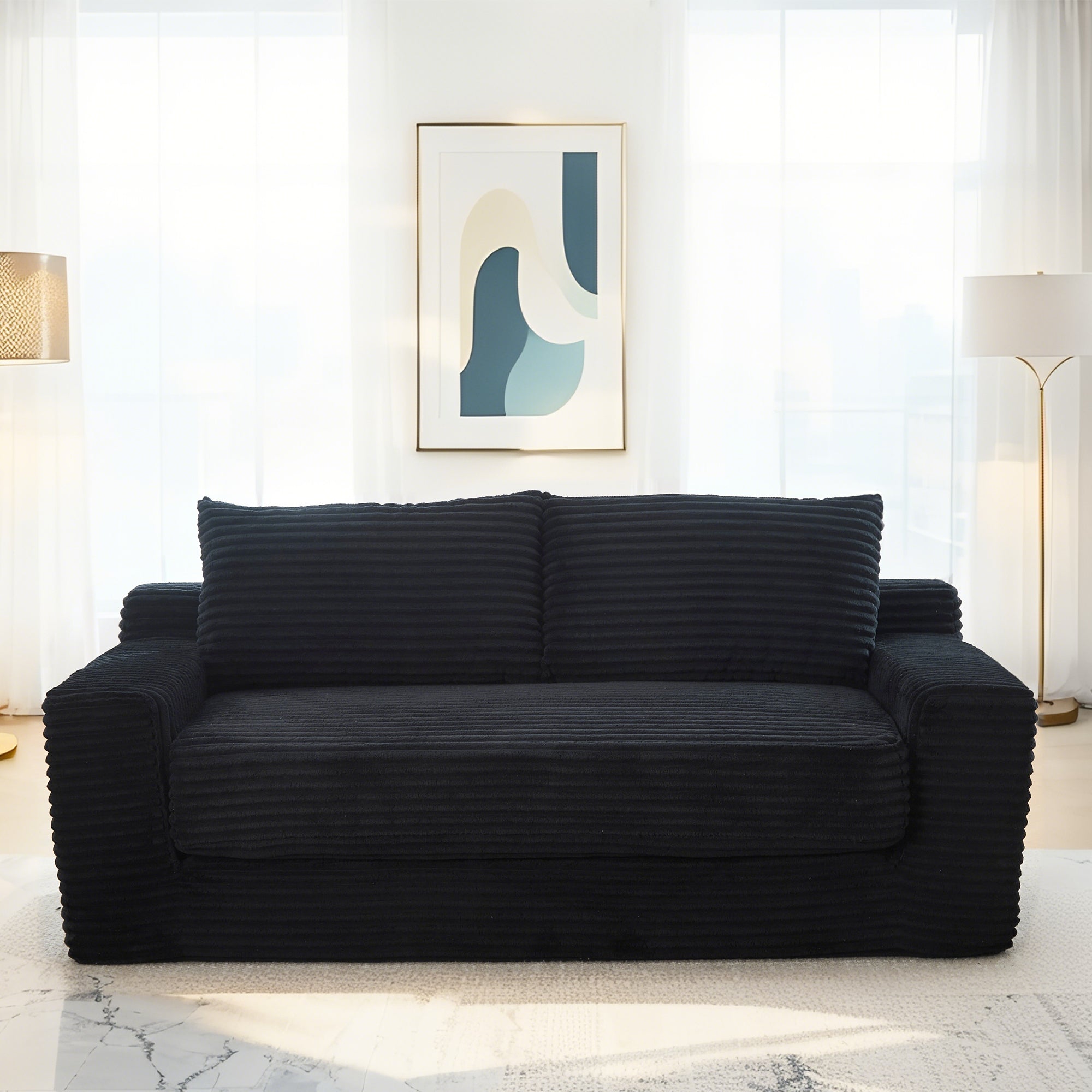 Loveseat Sofa  with Memory Foam & Steel Frame - No Assembly, Convertible 2-in-1 Design, Corduroy Fabric - Compact Couch for Small Spaces, Apartments, Home Office & Bedroom (Black)