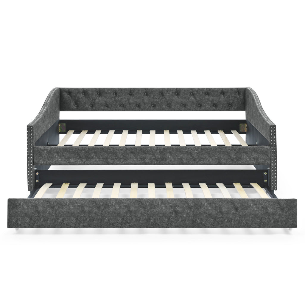 Full Size Daybed with Twin Size Trundle Upholstered Tufted Sofa Bed, with Button on Back and Copper Nail on Waved Shape Arms,Grey (80.5'x55.5'x27.5')