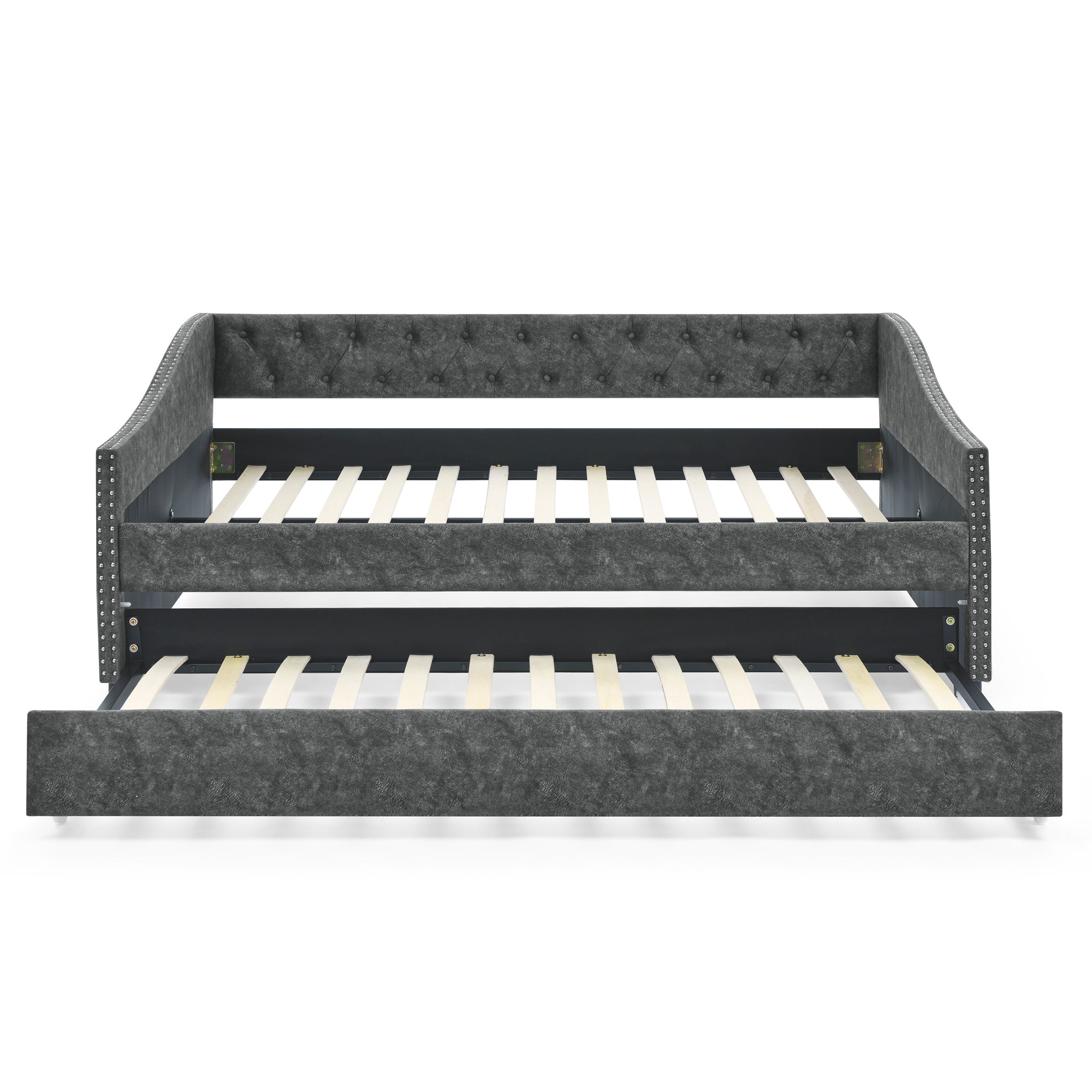 Full Size Daybed with Twin Size Trundle Upholstered Tufted Sofa Bed, with Button on Back and Copper Nail on Waved Shape Arms,Grey (80.5'x55.5'x27.5')