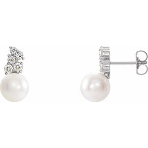 Sterling Silver Cultured White Freshwater Pearl & 3/8 CTW Natural Diamond Earrings