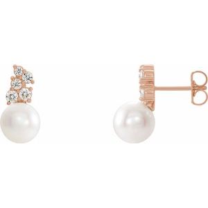 14K Rose Gold Cultured White Freshwater Pearl & 3/8 CTW Natural Diamond Earrings