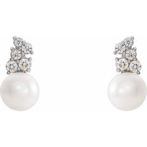 Sterling Silver Cultured White Freshwater Pearl & 3/8 CTW Natural Diamond Earrings
