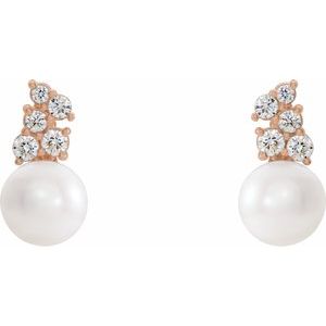 14K Rose Gold Cultured White Freshwater Pearl & 3/8 CTW Natural Diamond Earrings