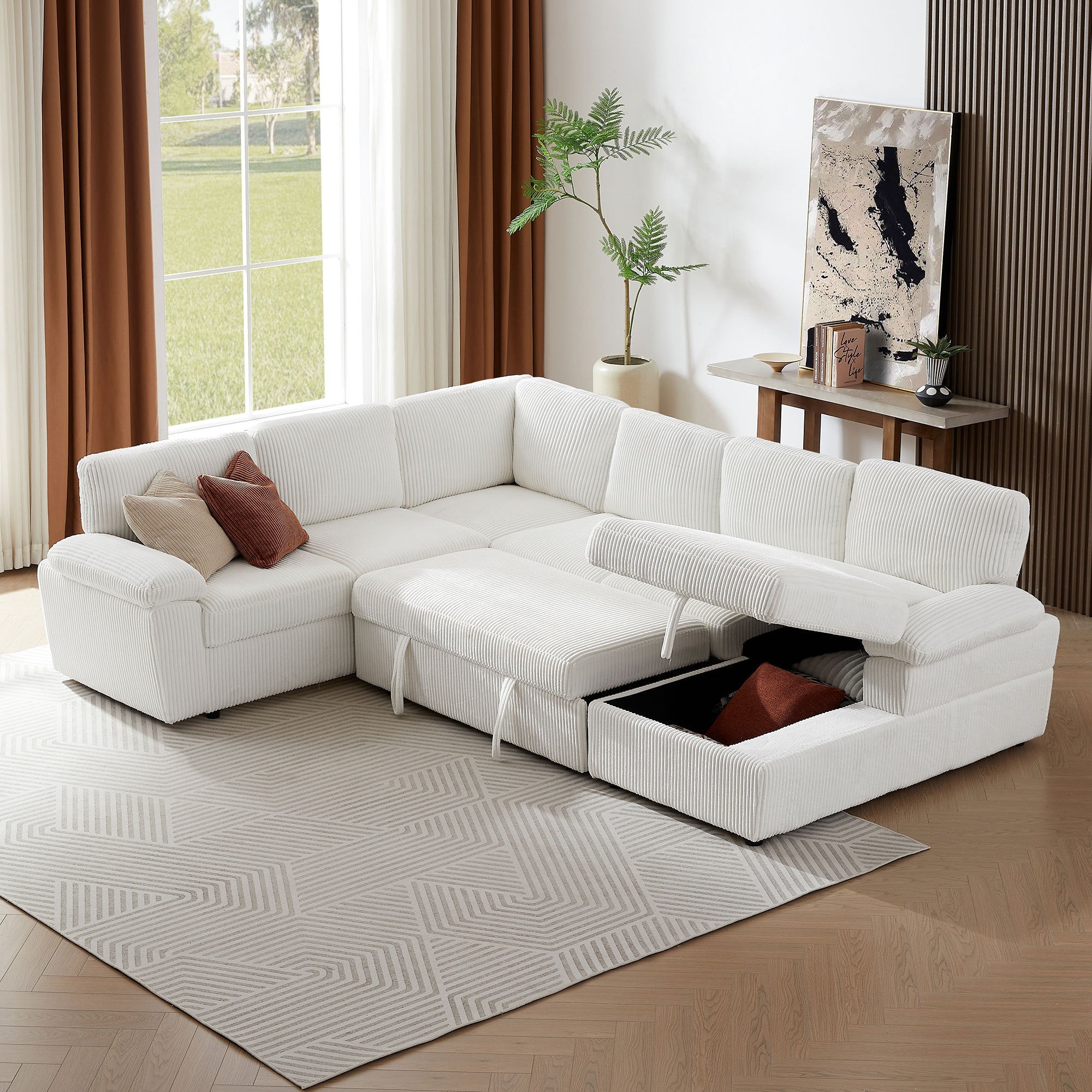 Oversized Modular Storage Sectional Sofa Couch for Home Apartment Office Living Room,Free Combination L/U Shaped Corduroy Upholstered Deep Seat Furniture Convertible Sleeper Sofabed RIGHT