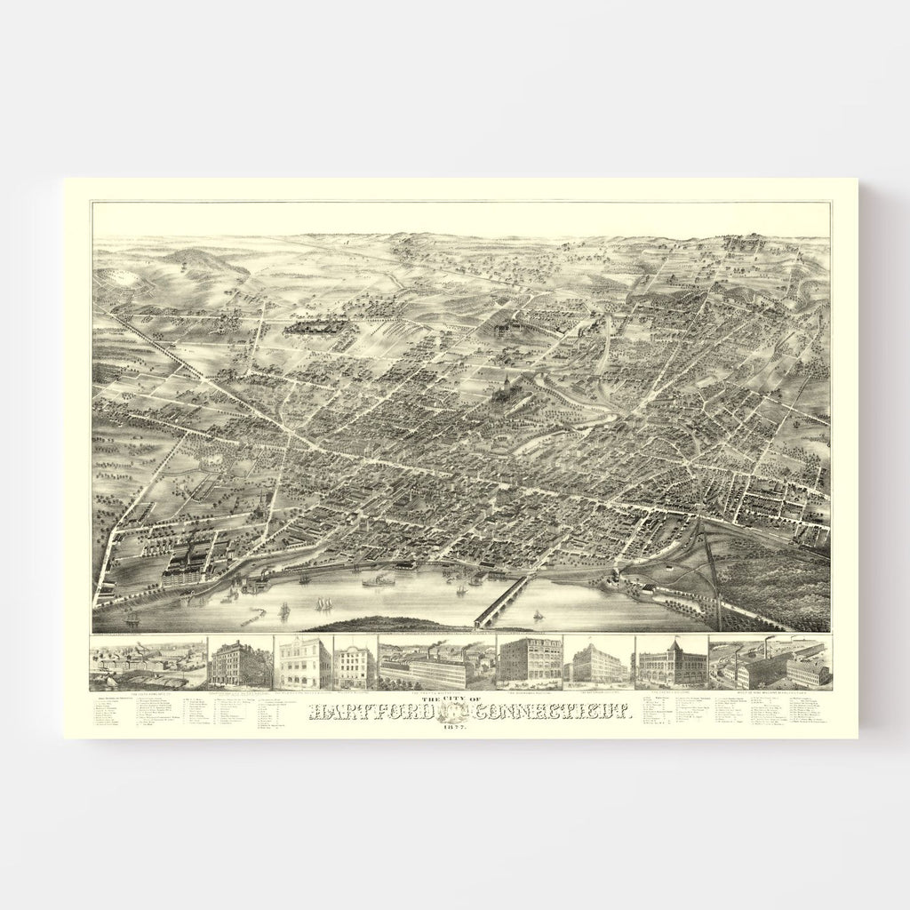 Vintage Map of Hartford, Connecticut 1877