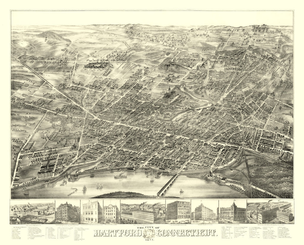 Vintage Map of Hartford, Connecticut 1877