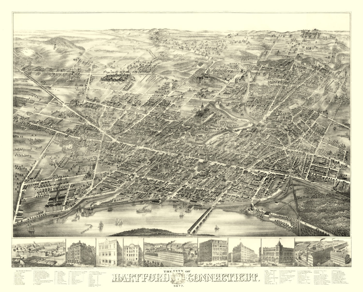 Vintage Map of Hartford, Connecticut 1877