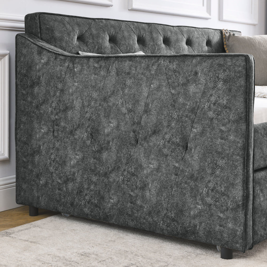 Twin Size Daybed with Twin Size Trundle Upholstered Tufted Sofa Bed,  Waved Shape Arms, Grey (80.5'x44.5'x33.5')