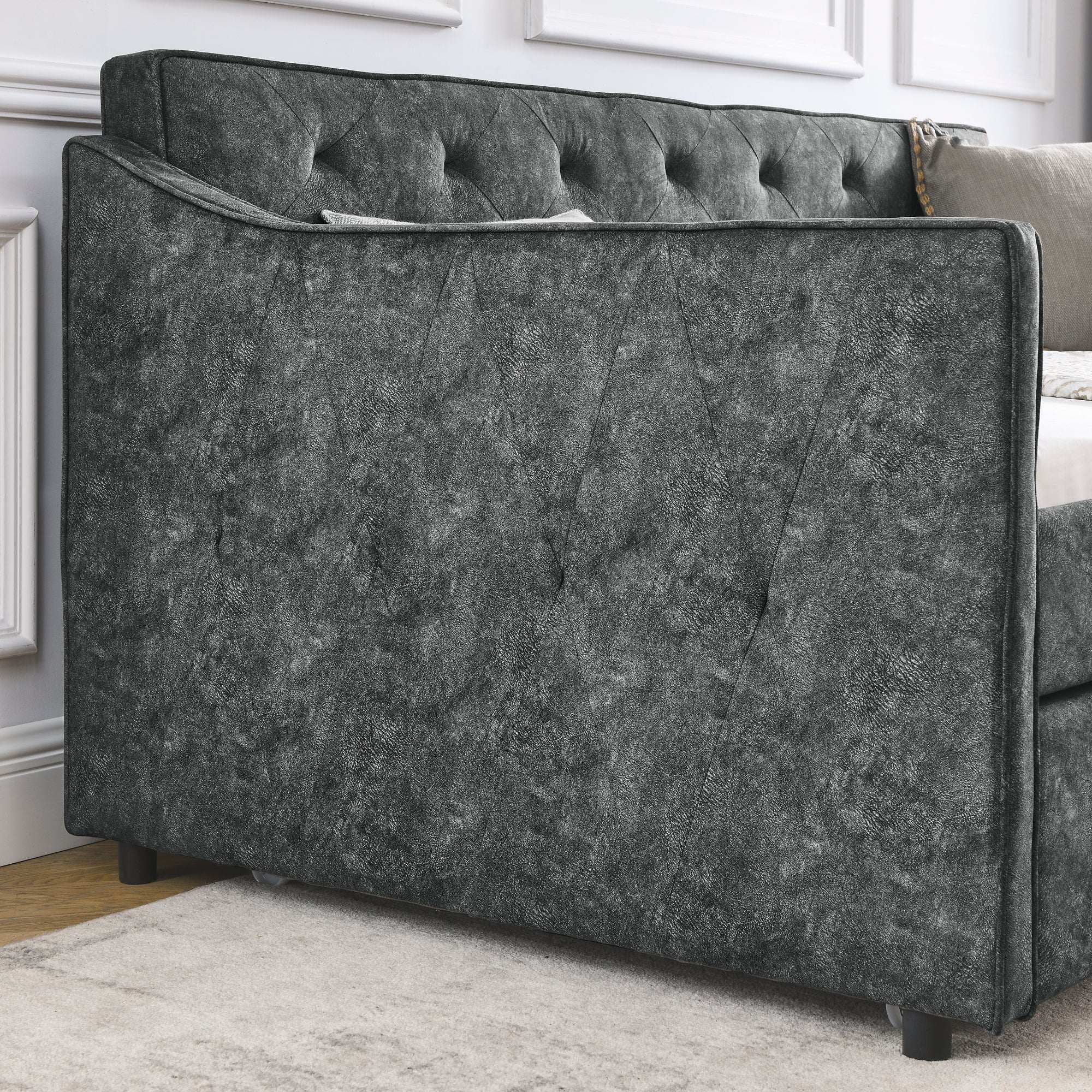 Twin Size Daybed with Twin Size Trundle Upholstered Tufted Sofa Bed,  Waved Shape Arms, Grey (80.5'x44.5'x33.5')