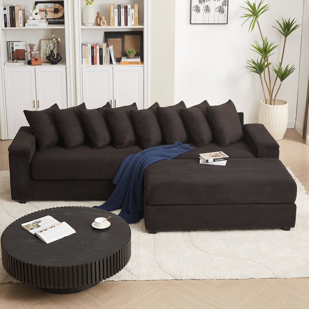 Luxe Oversized L Shaped Sofa with Chaise,Comfy Corduroy L Shaped Sectional Couches with 8 Pillows and Two Armrest storage space,Soft Fluffy Upholstered Sofa Bed for Living Room Apartment Bedroom