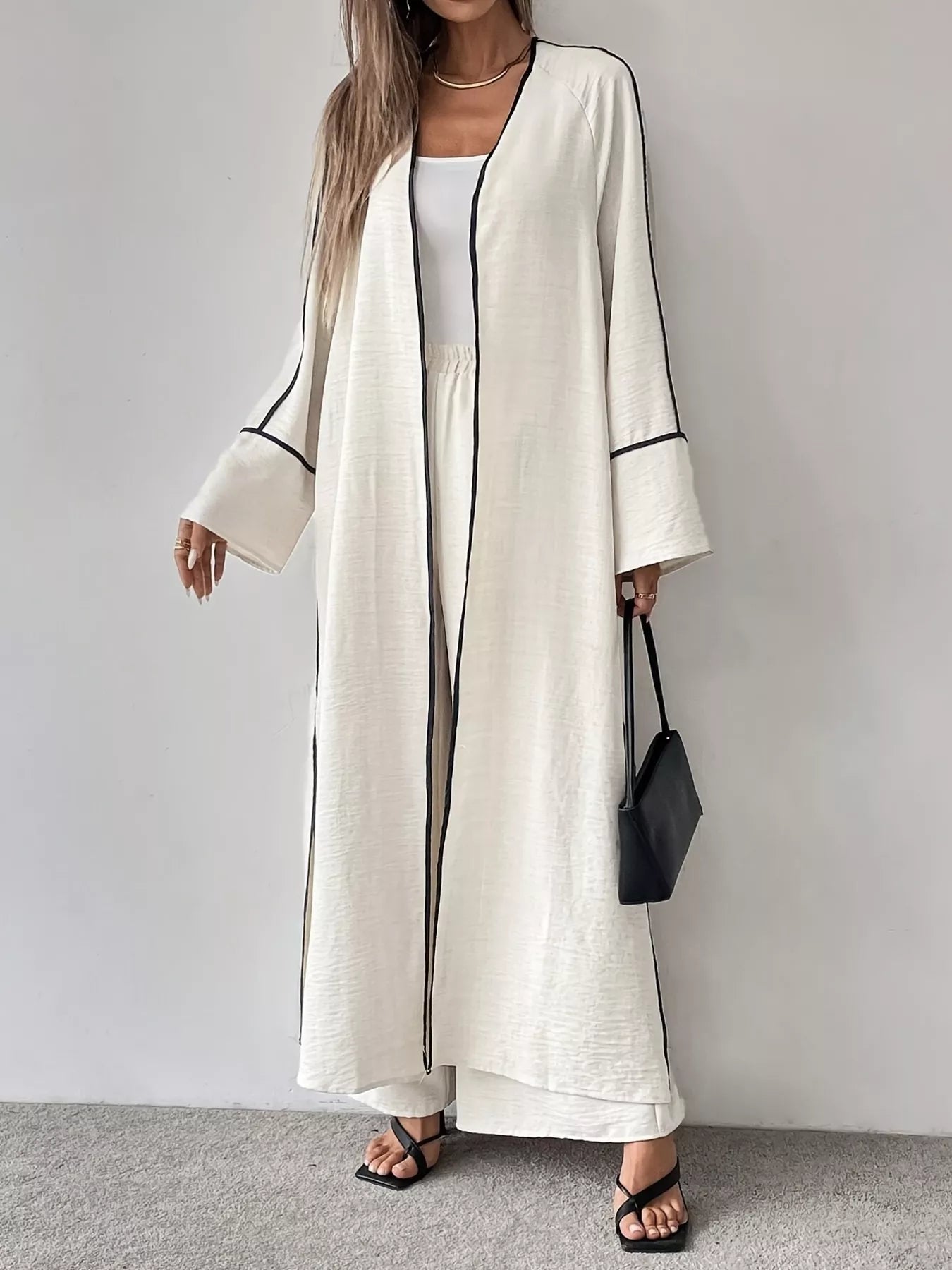 Contrast Trim Cardigan And Pants Set Two Piece Polyester Imported