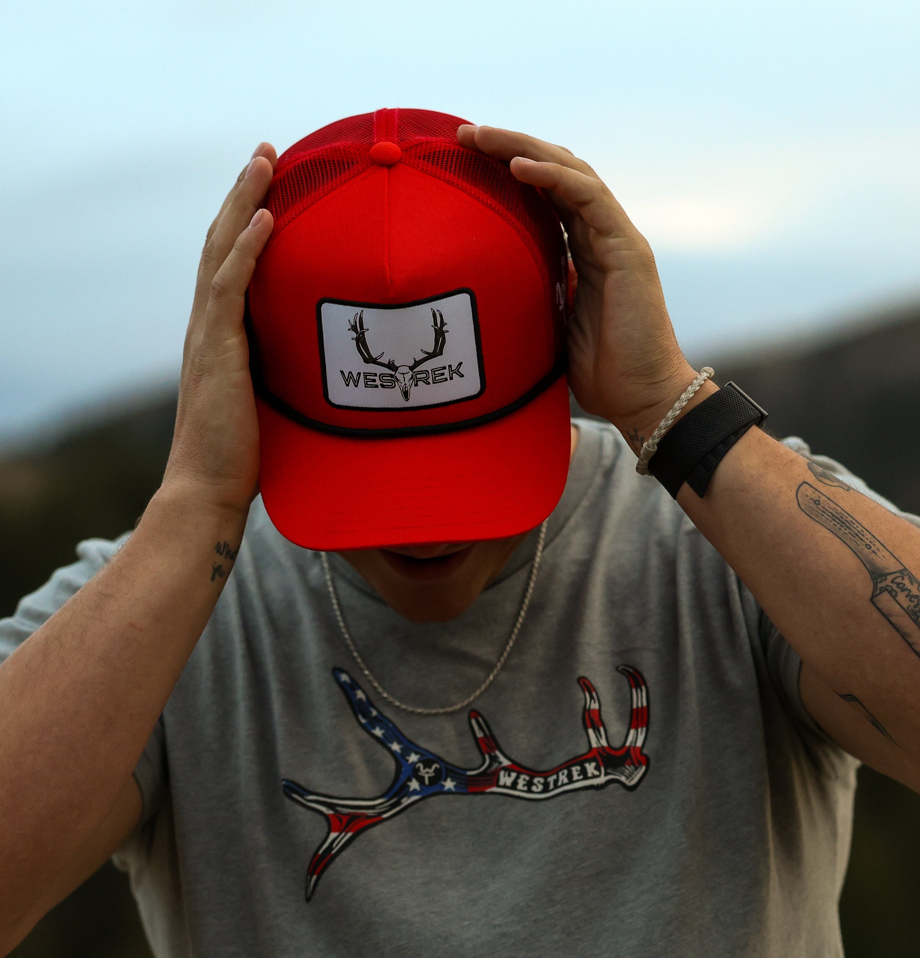 “Red Lightning Wes” 5-Panel Trucker Hat – Retro Western Mesh Back | Original Westrek Logo Cap | Red & White Snapback