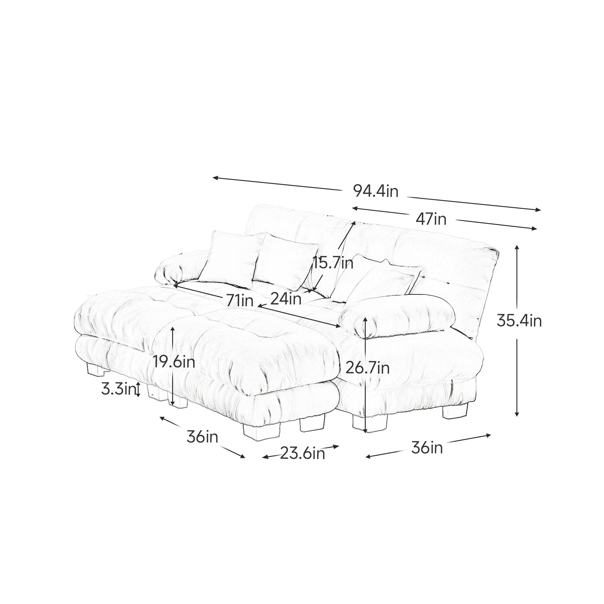 Cloud Couch Sleeper Sofa for Living Room, Chenille 2 Seater sofa with 2 Lumbar pillows and 2 throw pillows , Upholstered Wide Arm Sofa with 2 Ottomans,Chenille Gray
