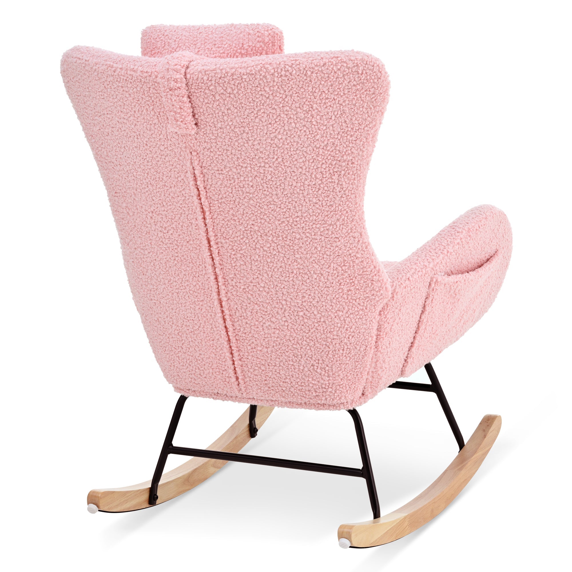Rocking Chair Nursery, Teddy Upholstered Rocker Glider Chair with High Backrest, Adjustable Headrest & Pocket, Comfy Glider Chair for Nursery, Bedroom, Living Room, Offices, Rubber wood, pink