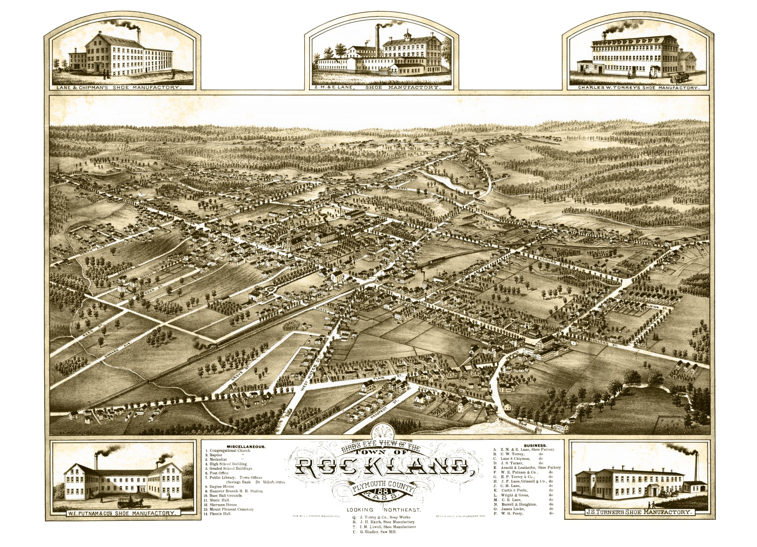 Vintage Map of Rockland, Massachusetts 1881