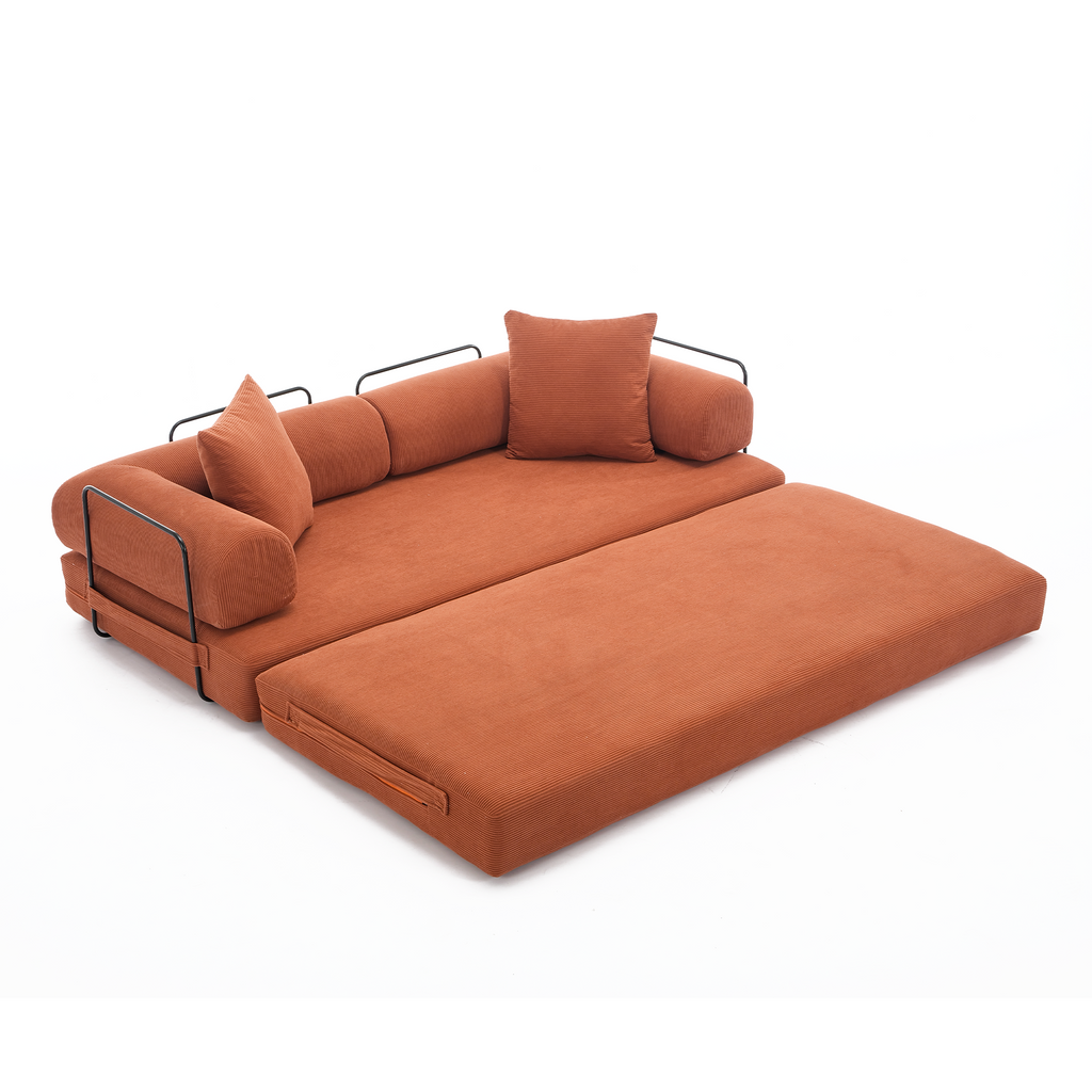 [NEW ARRIVED] [VIDEO PROVIDED] 78.5' Folding Convertible Out Sleeper Sofa Bed,4-in-1 DIY Combination Convertible Sofa, 3 seat, Folding Sleeper Sofa, King Size , Bedroom,Apartment,Corduroy,Orange