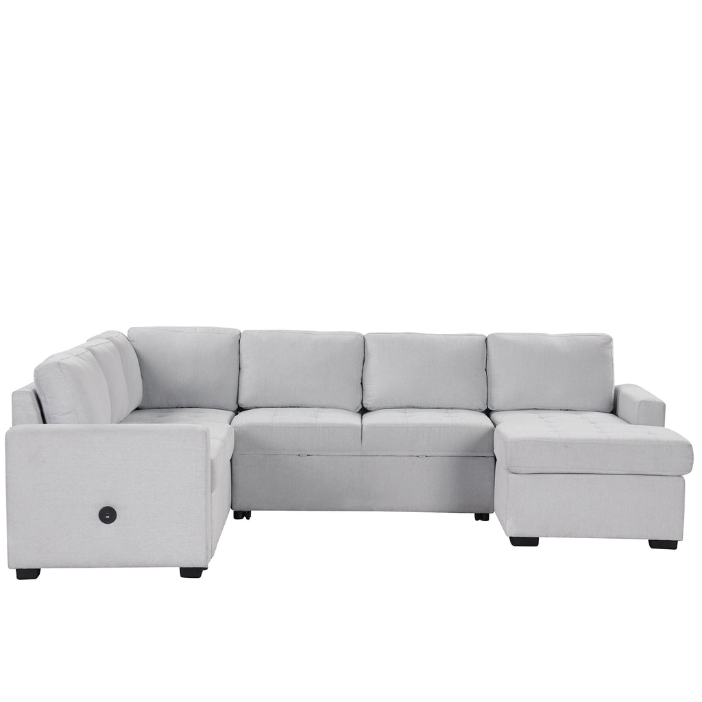 U_Style Sectional Sleeper Sofa with Pull-out Bed and Lounge Chair, USB and Type-C Interfaces, Suitable for Living Room, Office, and Spacious Spaces