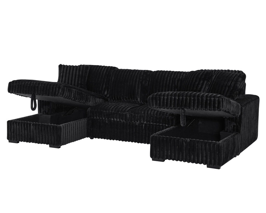 U Shaped Sleeper Sofa, 122 inch Overisze - 2 in 1 Pull Out Bed, Sectional Sleeper Sofa with Double Storage Chaise for Living Room, Rabbit plush Corduroy Fabric Couch, Black