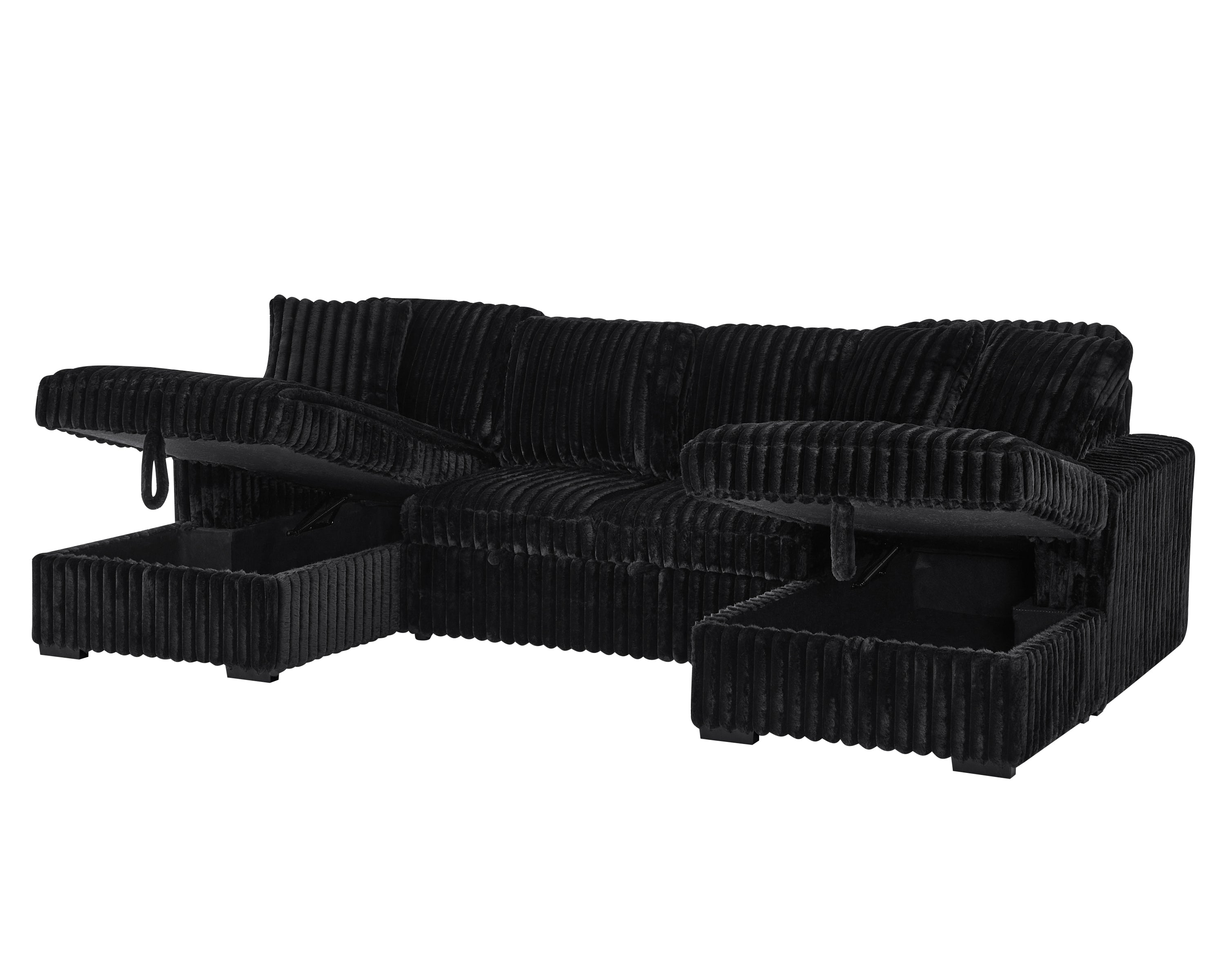 U Shaped Sleeper Sofa, 122 inch Overisze - 2 in 1 Pull Out Bed, Sectional Sleeper Sofa with Double Storage Chaise for Living Room, Rabbit plush Corduroy Fabric Couch, Black