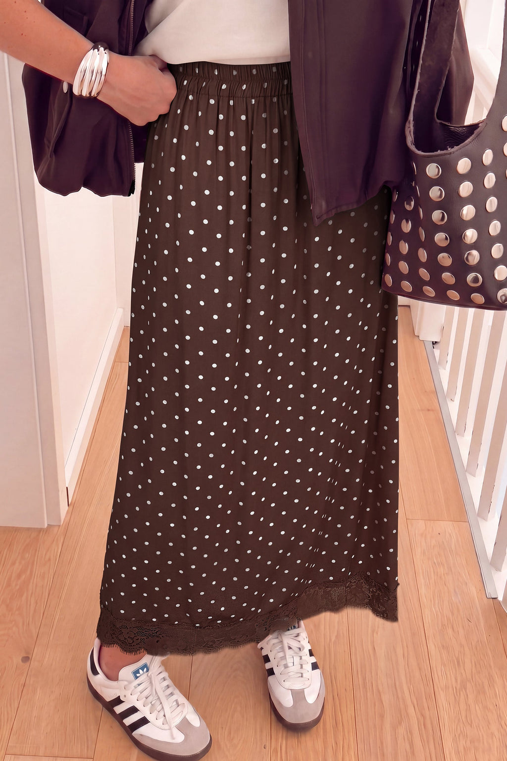 Polka Dot Lace Hem Midi Skirt