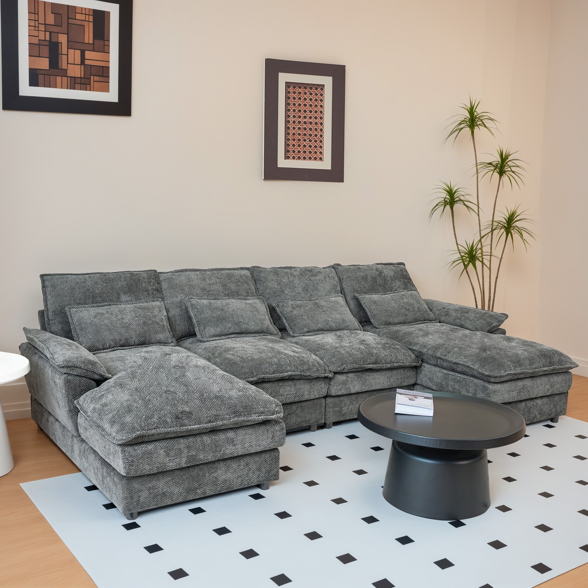 110' Modular Sectional Sofa Cloud Couch with Double Chaise Lounge , U Shaped Chenille Upholstered Leisure Sofa&Couches with Memory Foam and Waist Pillows for Living Room Office,Grey.