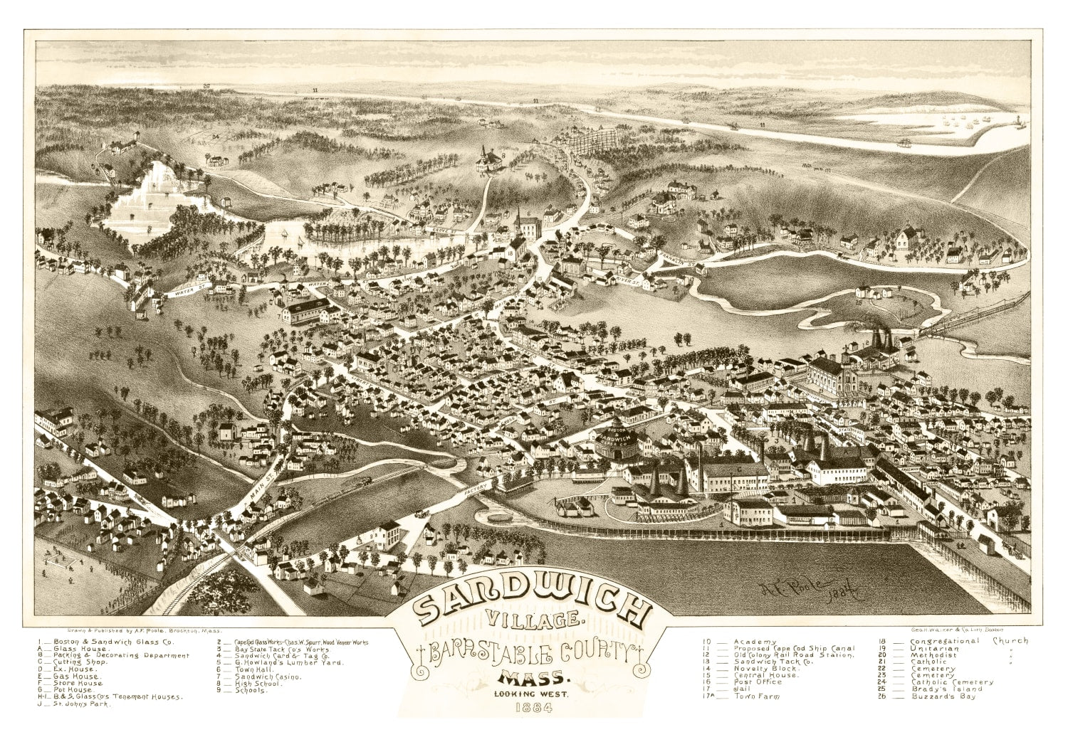 Vintage Map of Sandwich Village, Massachusetts 1884