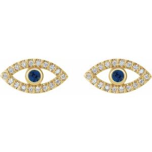 14K Yellow Gold Natural Blue Sapphire & Natural White Sapphire Evil Eye Earrings