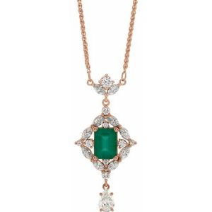 14K Rose Gold Natural Emerald & 1 1/4 CTW Natural Diamond 16" Necklace
