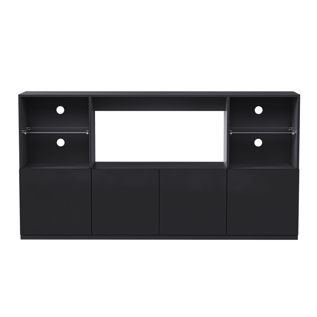ON-TREND High Gloss TV Stand with LED Lights, Modern Sideboard with Large Storage Cabinet, Media Console with Tempered Glass Shelves for TVs up to 75', Living Room, Black, 67'Wx13.7'D