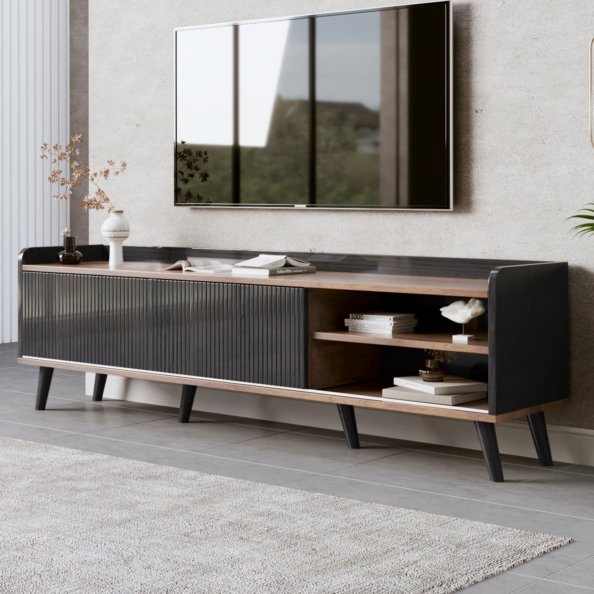 63'' Mid Century TV Stand with 2 Cabinets&  Open Compartments, Entertainment Center for TVs up to 70'', Television Console for Living Room, Bedroom, Home Theatre