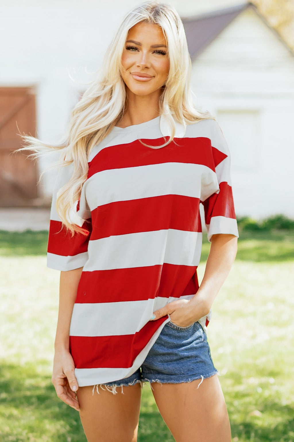 Stripe Colorblock Short Sleeve Oversize Tunic Tee