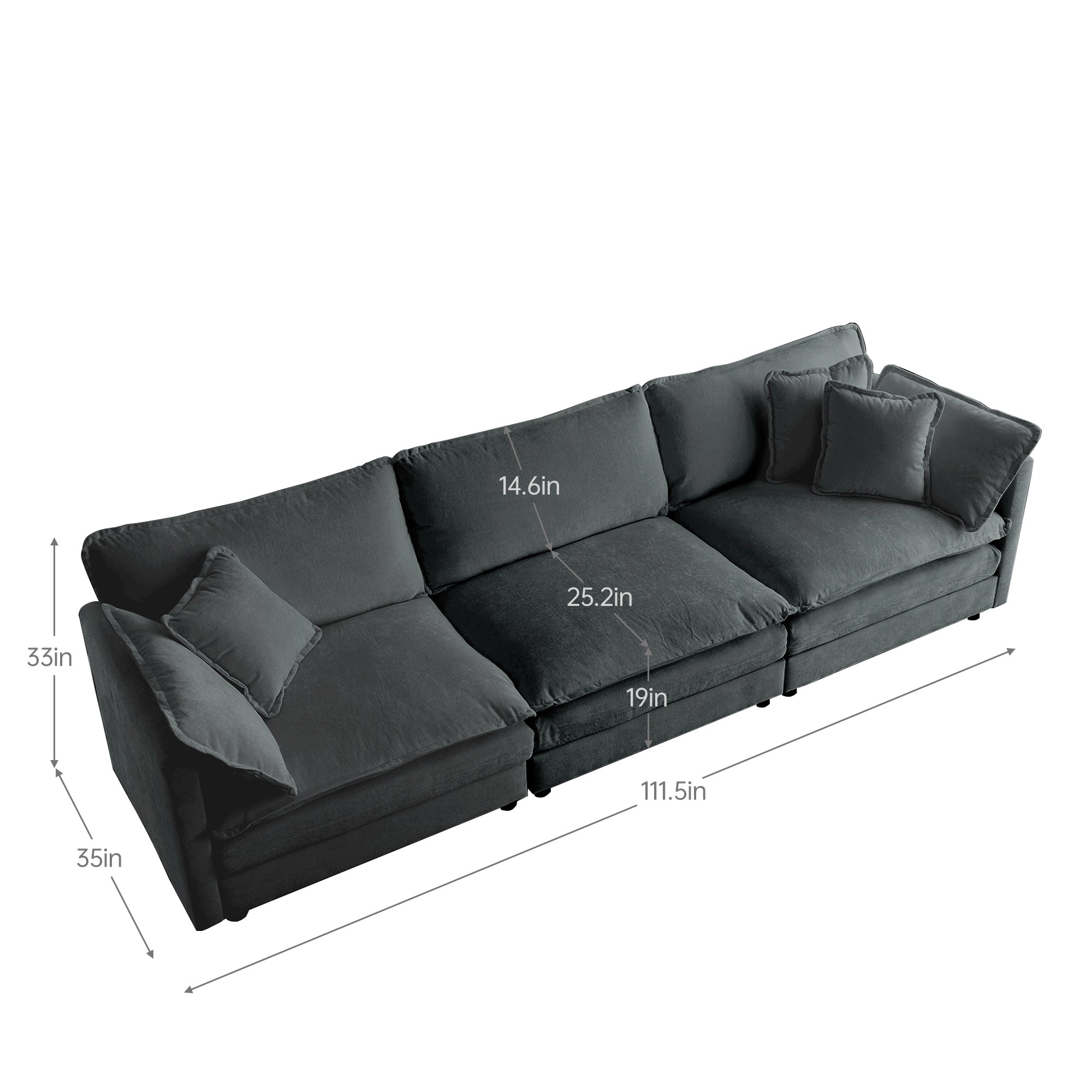 Mid-Century Modern Couch 3-Seater Sofa with 2 Armrest Pillows and 3 Toss Pillows, Couch for Living Room Gray Chenille