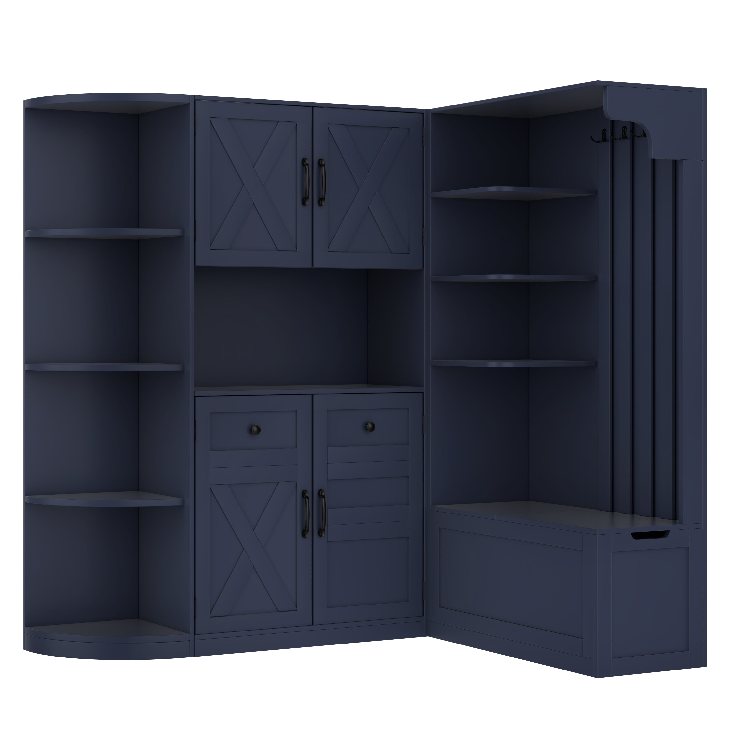 Multifunctional left-right combination hall cabinet (can be used separately) with storage and 4 hooks, storage cabinet/ hall tree 2 in 1 for living room, kitchen and hallway, antique blue