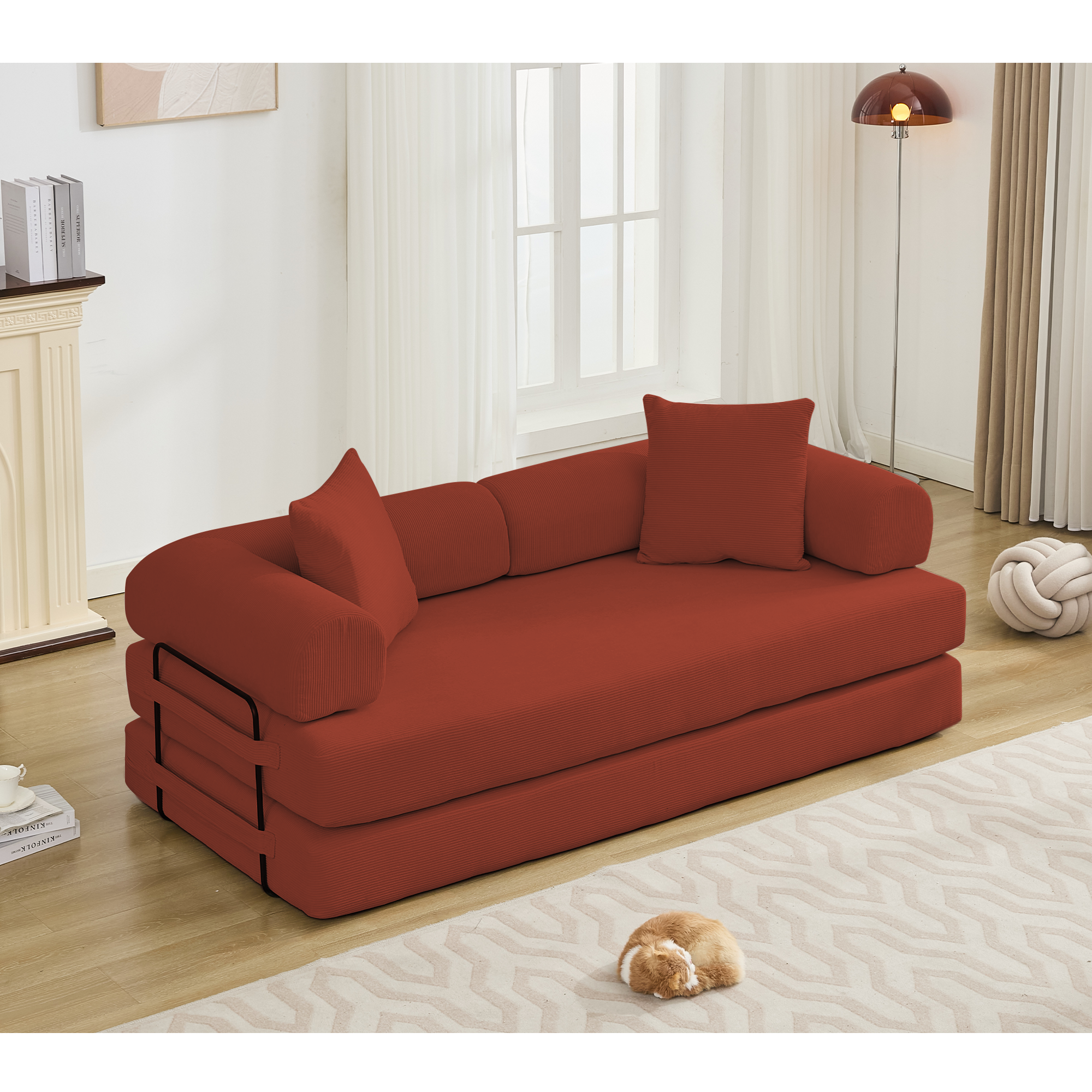 [NEW ARRIVED] [VIDEO PROVIDED] 78.5' Folding Convertible Out Sleeper Sofa Bed,5-in-1 DIY Combination Convertible  Sofa, 3 seat, Folding Sleeper Sofa, King Size , Bedroom,Apartment,Corduroy,Ancora Red