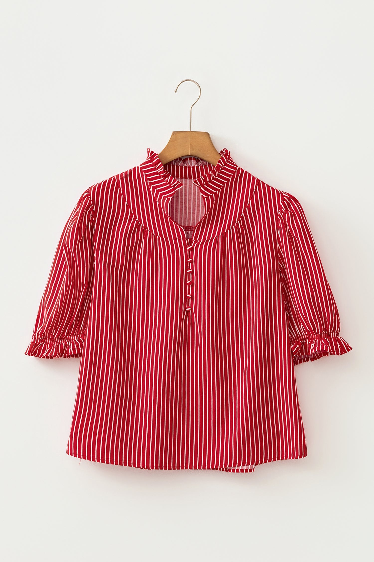Stripe Ruffle Puff Sleeve Button Front Blouse