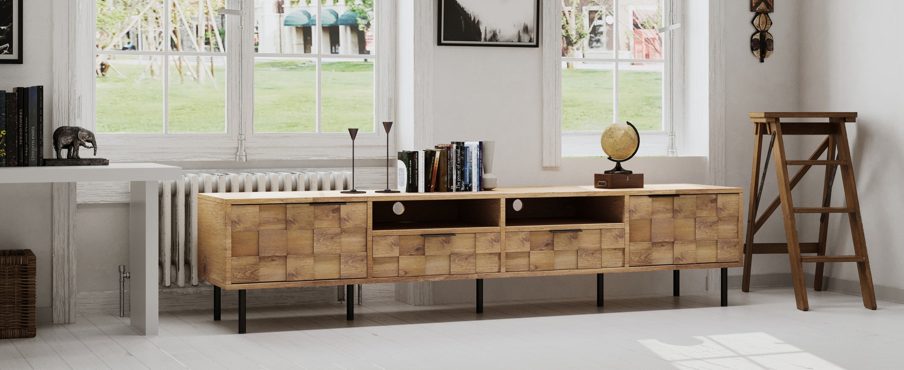 Mid Century TV Stand with 2 Drawers, Media Console Table for TVs up to 85'', Entertainment Center with Storage for Living room, Bedroom, Home Theatre