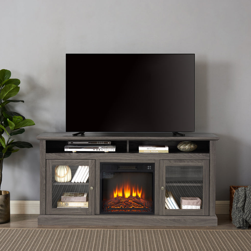 Retro TV Stand for 65'' TV, TV Console Cabinet with Storage, Open Shelves Entertainment Center with 18' Fireplace Insert  for Living Room Dark Walnut 60'W*15.75'D*29'H